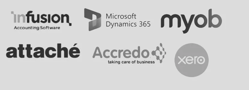 Logos of six software companies: Infusion Accounting Software, Microsoft Dynamics 365, MYOB, Attaché, Xero, and Accredo.