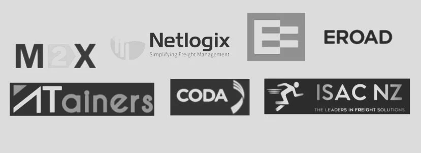 Collection of logos for various freight management and logistics companies, including M2X, Netlogix, EROAD, Tainers, Coda, and ISAC NZ.
