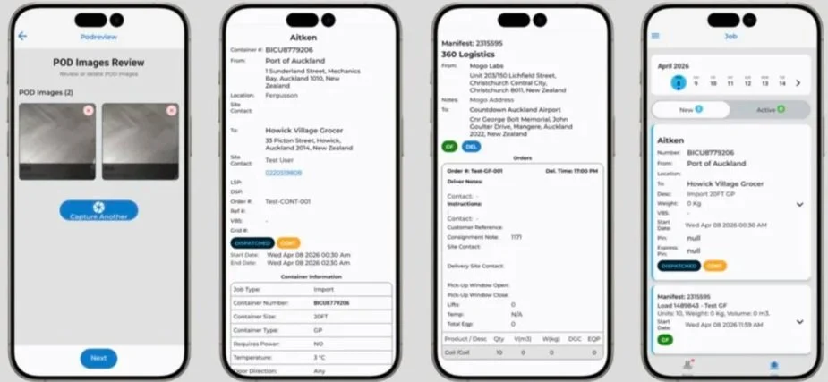 Screenshots of a mobile app interface showing logistics and shipping details, including POD images review, shipment container information, manifest details, and a delivery job status