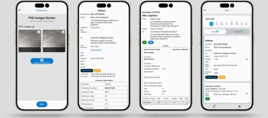 Four smartphone screens showing logistics and review app interfaces, including pod images, shipment details, manifest, and job status.