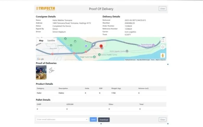 Screenshot of a proof of delivery document showing delivery details, a map with a route, proof of delivery image, product and pallet details, and a download button.