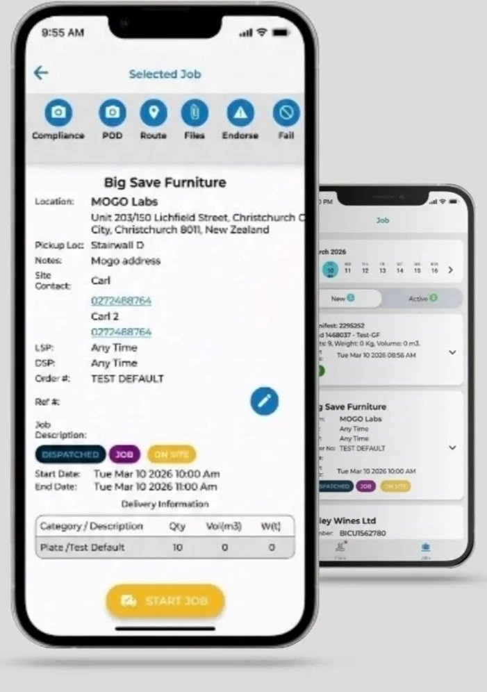 Mobile phone screens displaying a job management app with details about furniture delivery at MOGO Labs, including location, contacts, start and end dates, and delivery category.