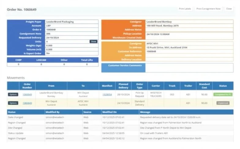 Order details document showing freight payer, consignee, pickup location, delivery date, and shipment movements with status updates.