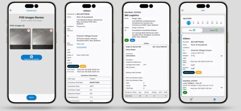 Screenshots of a mobile app interface with four different screens related to logistics, shipping, and POD (Proof of Delivery) processes, including review, shipping details, and calendar view.