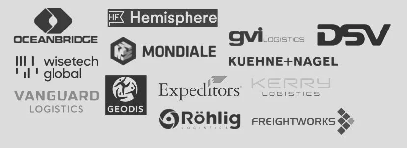 Collection of logistics and shipping company logos, including Oceanbridge, Hemisphere, GVI Logistics, DSV, Mondiale, Kuehne + Nagel, Wisetech Global, Vanguard Logistics, GEODIS, Expeditors, Kerry Logistics, Röhlig, Freightworks, and others.