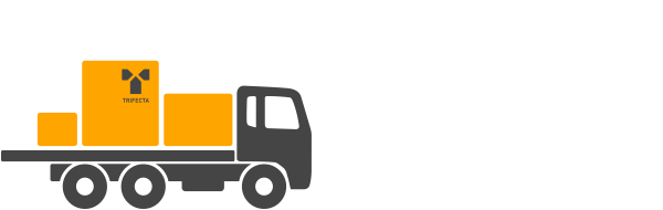 A black toy truck carrying a yellow box with a black cross and the label 'TRIFECTA' on it.