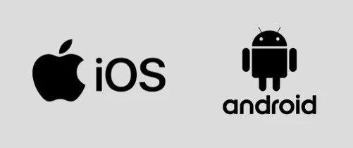 Apple logo with 'iOS' text, and Android robot logo with 'Android' text.