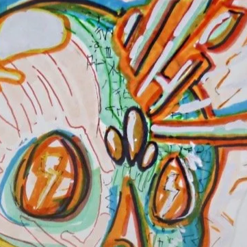 Colorful abstract graffiti art with bold orange, green, blue, and black lines and shapes