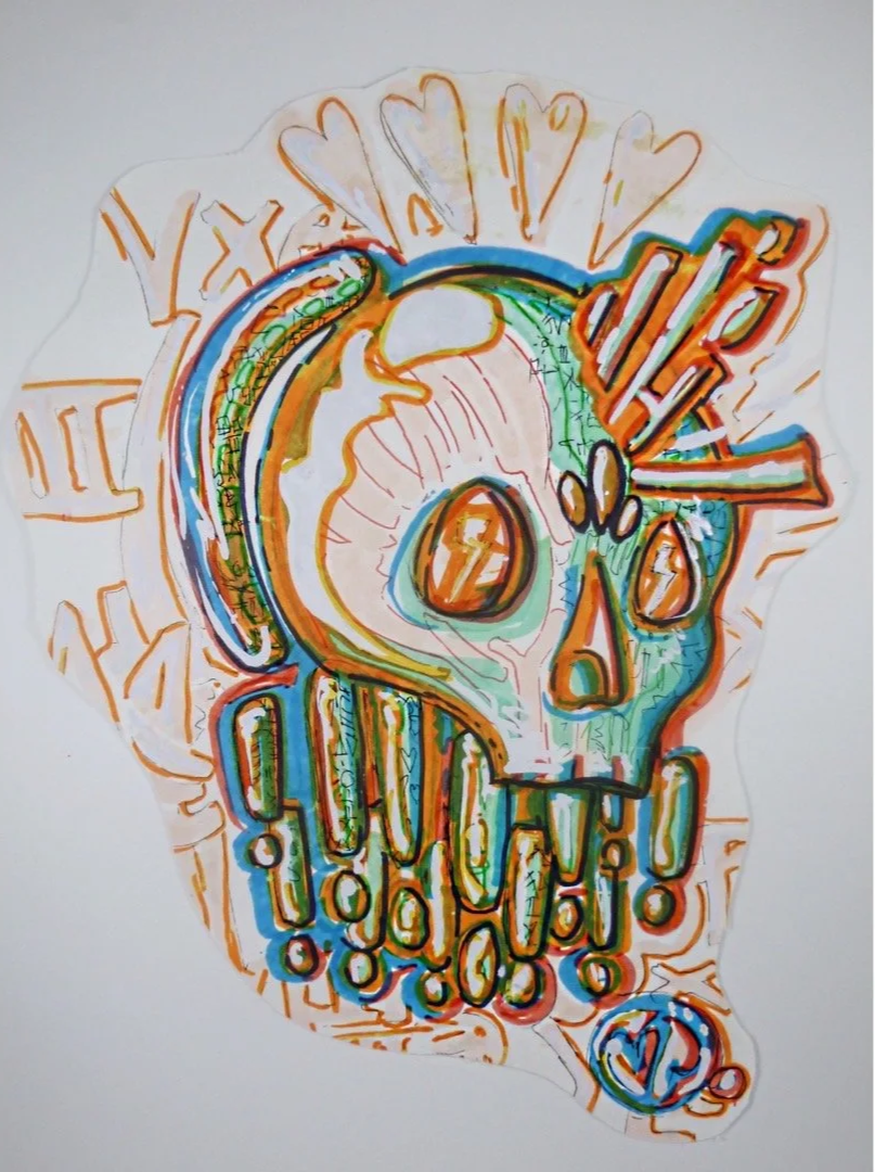 A colorful, abstract drawing of a human skull with an array of overlapping scribbles and symbols, including hearts, clock-like shapes, and various lines in orange, green, blue, and red.