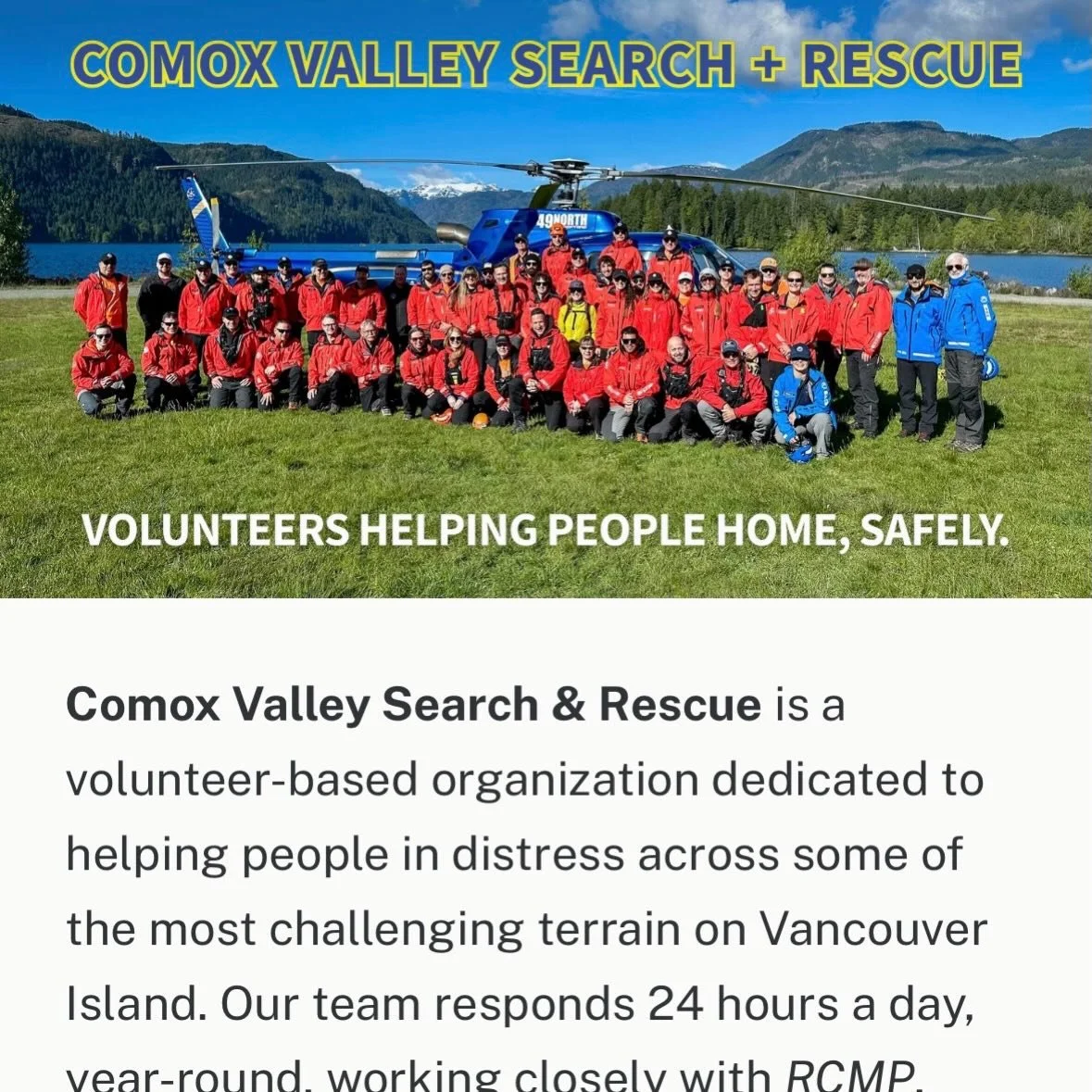Big news from Comox Valley Search &amp; Rescue &mdash; we&rsquo;ve launched a brand new website! 🎉

www.cvgsar.com

The new site makes it easier for our community to learn who we are, what we do, and how search and rescue works here in the Comox Val