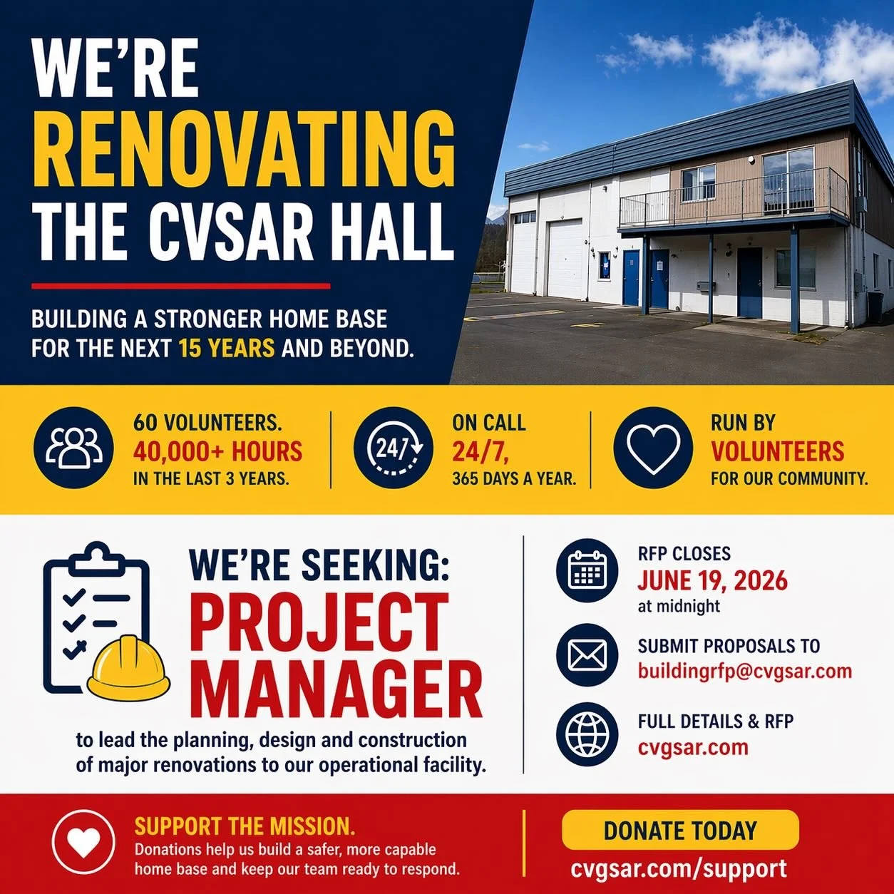 We&rsquo;re renovating the CVSAR Hall.

After purchasing our permanent home at 3001 Moray Avenue, we&rsquo;re now moving forward with a major renovation to better support rescue operations, training, equipment storage, and emergency response for the 
