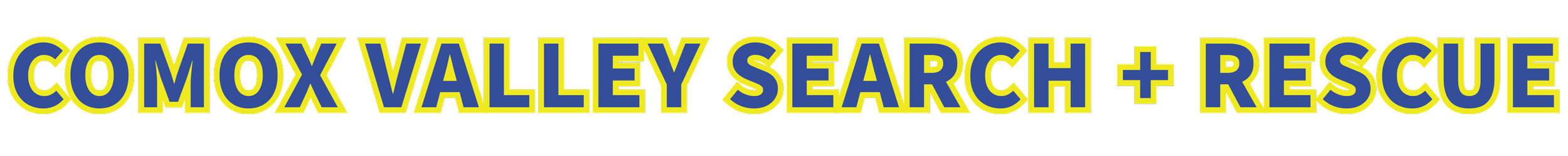 Text reading "COMOX VALLEY SEARCH + RESCUE" in blue letters with yellow outlines.