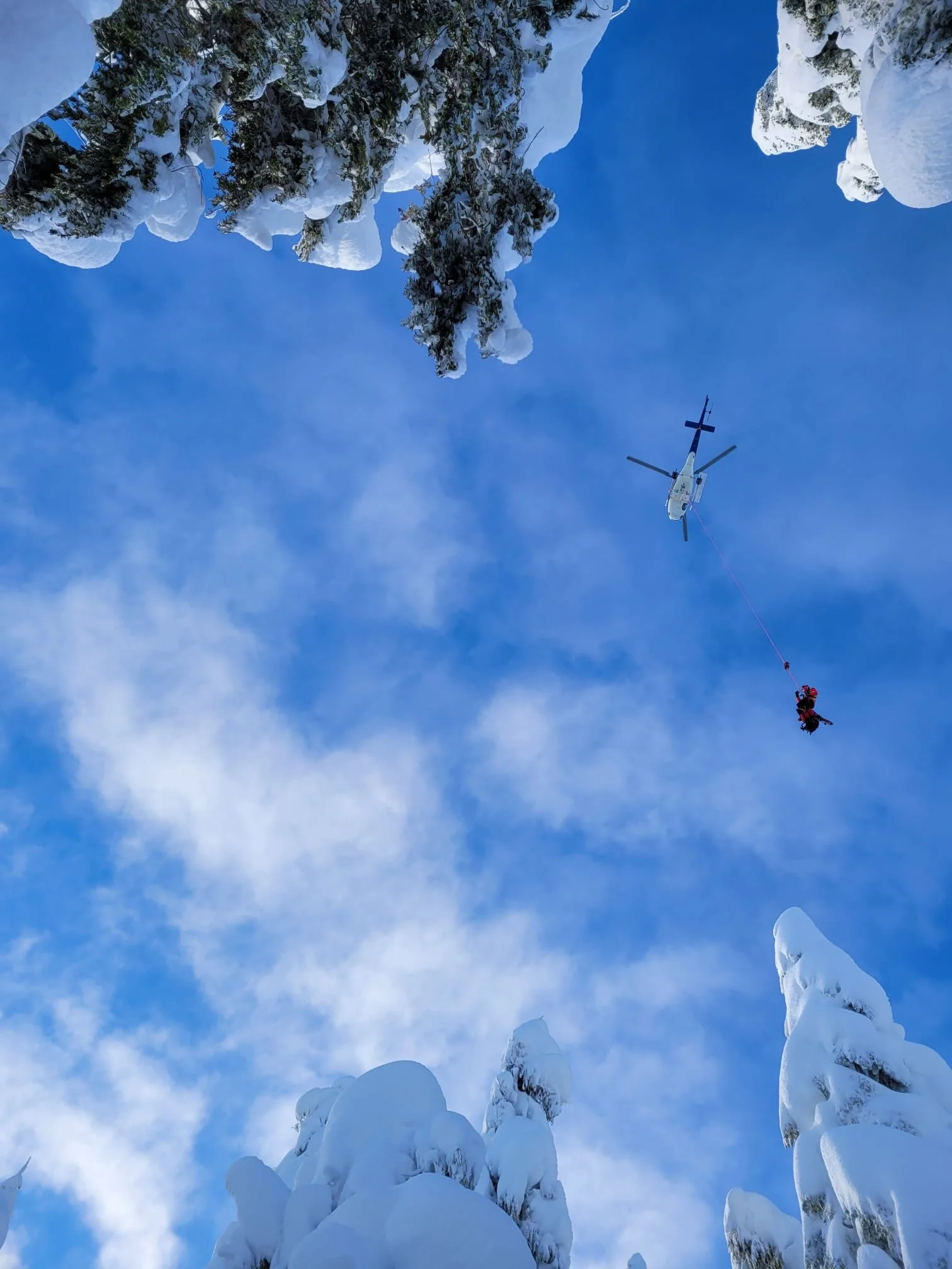A helicopter flying in a snow-covered forest, with a person hanging from a cable beneath it.