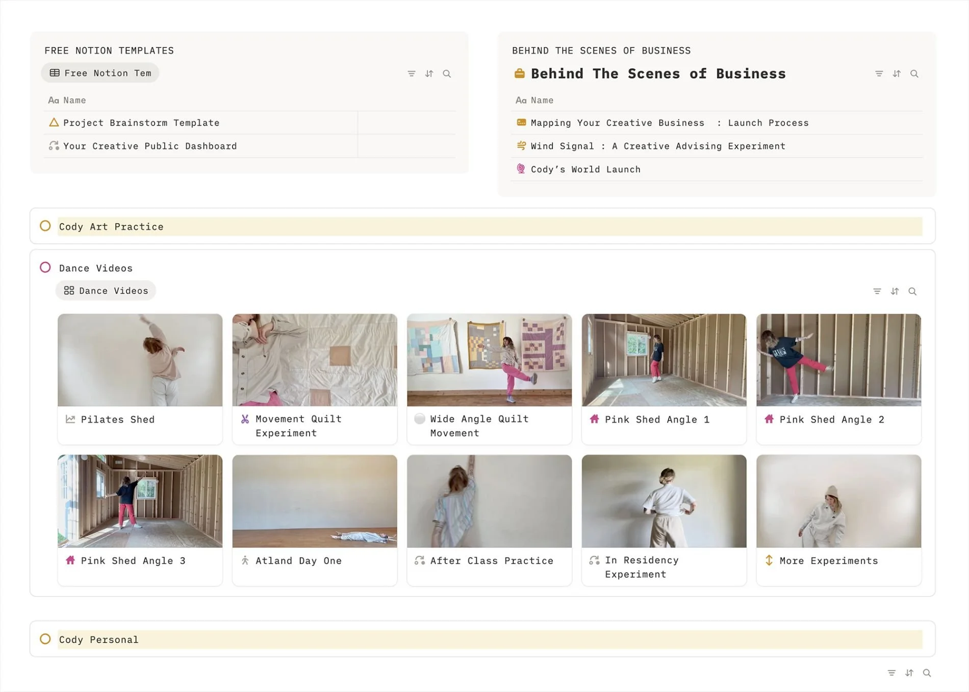Screenshot of a Notion workspace showing various pages and sections, including templates, behind the scenes of a creative business, and dance videos with thumbnails of people dancing or practicing.