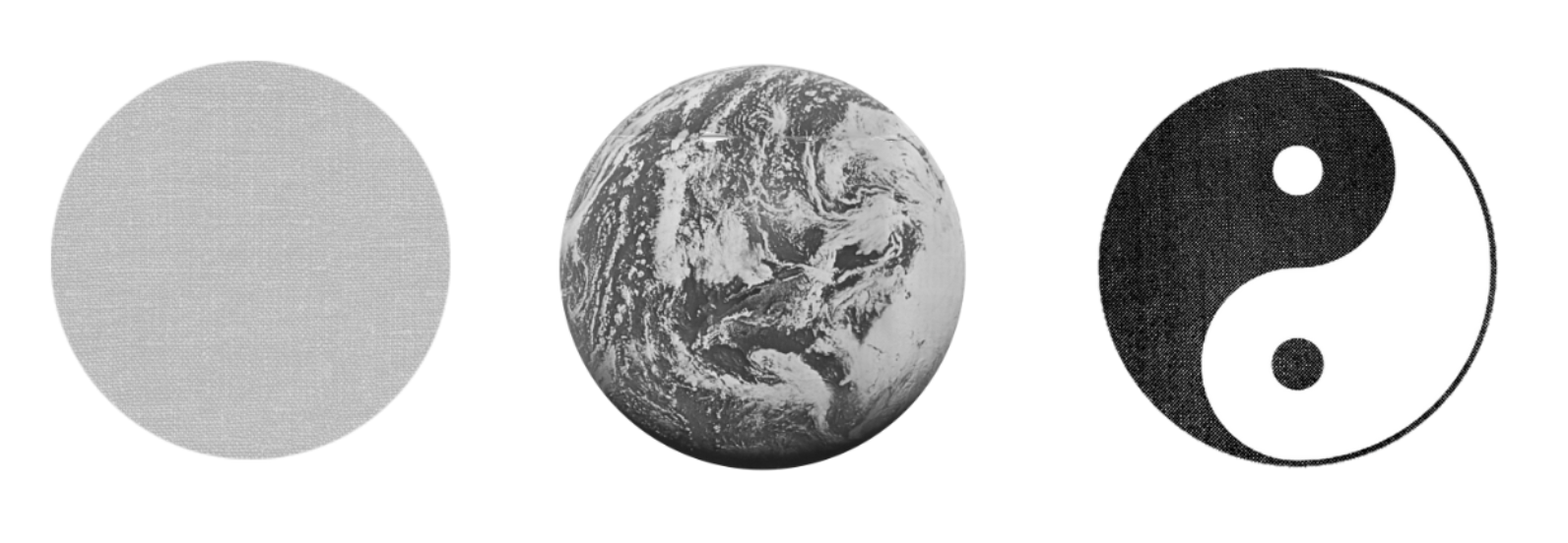 Three images representing different symbols: a light gray circle resembling a fabric texture, a grayscale image of Earth from space, and a black and white yin-yang symbol.