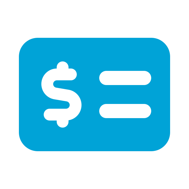 Blue credit card with a dollar sign and a plus sign on it.