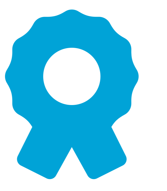 A blue award ribbon with a circular top and two tails at the bottom.
