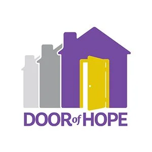 Logo with three house icons in grey, purple, and yellow, with the text 'DOOR of HOPE' underneath.