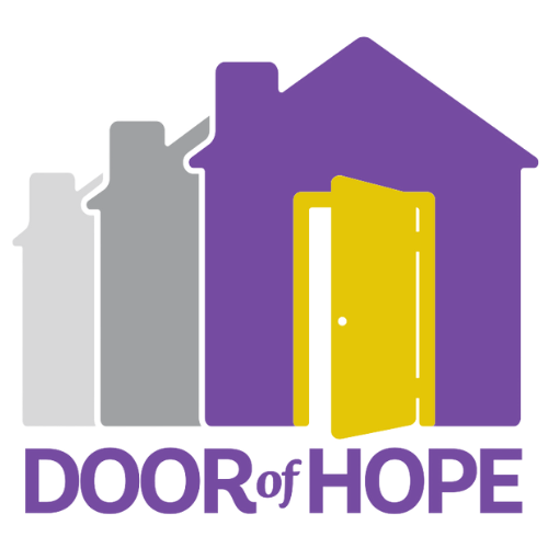 Logo with three house icons in gray, purple, and yellow, with the purple house featuring an open yellow door, and the text 'Door of Hope' below.