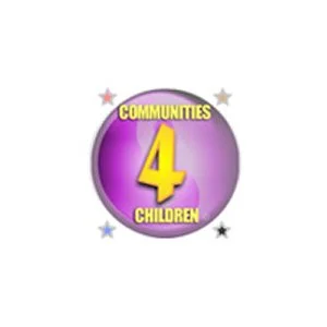 A purple circular badge with the words 'Communities 4 Children' and a large yellow number 4, decorated with small stars.