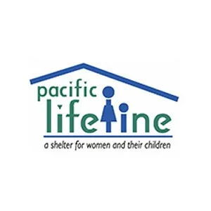 Logo for Pacific LifeLine, a shelter for women and children, featuring a house roof and two stylized figures of a woman and child.