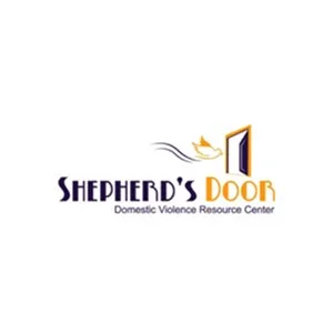 Logo for Shepherd's Door Domestic Violence Resource Center, featuring a house silhouette with a door and a flying bird, with the organization's name and tagline.