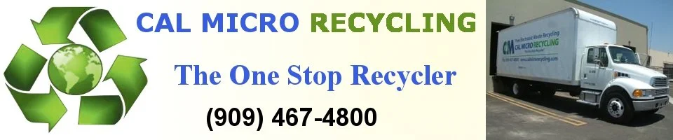Cal Micro Recycling banner with logo, motto, and contact number, along with a recycling truck on the road.