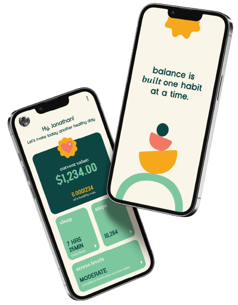 Two smartphones showing health and wellness app screens; the left screen displays a greeting, current value of $1,234.00, steps count, stress levels labeled moderate, and sleep hours. The right screen features an animated stack of balancing stones with the quote, "balance is built one habit at a time."