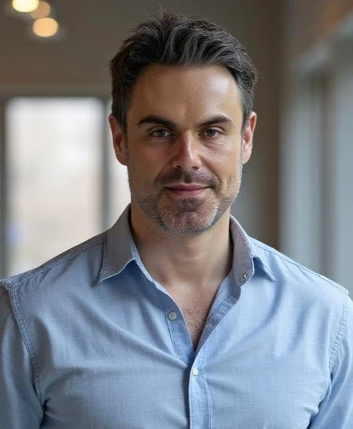 Portrait of a man with dark hair, light beard, wearing a light blue button-down shirt, standing indoors near windows.