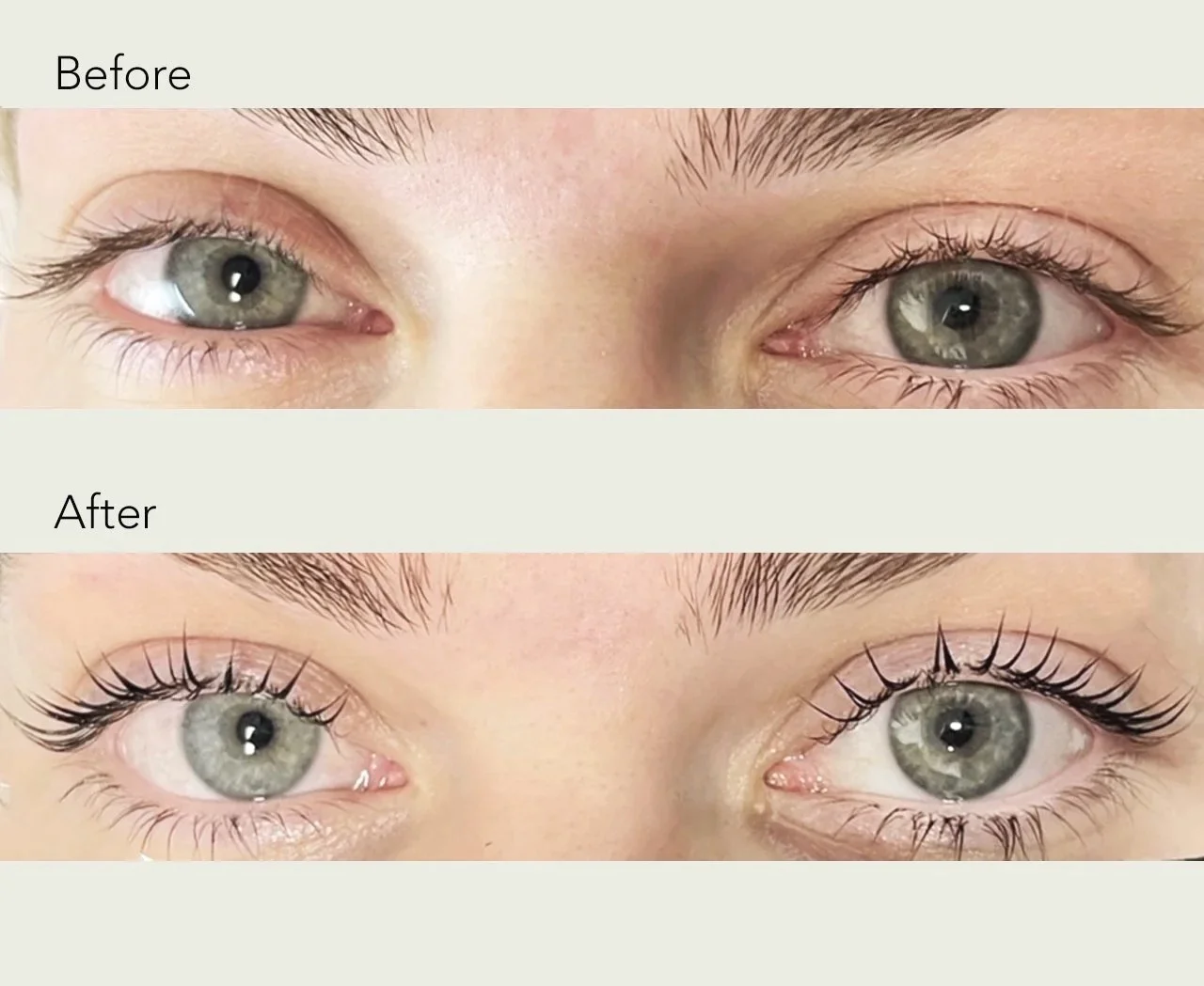 Comparison of a person's eyes before and after eyelash lift. The "before" shows natural lashes, while the "after" shows longer, darker, and more curled lashes.