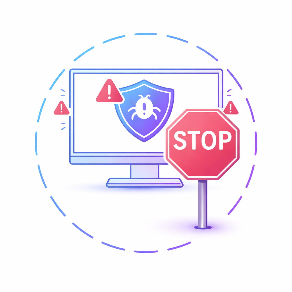 Illustration showing an infected business computer being stopped and secured, representing professional virus and malware removal