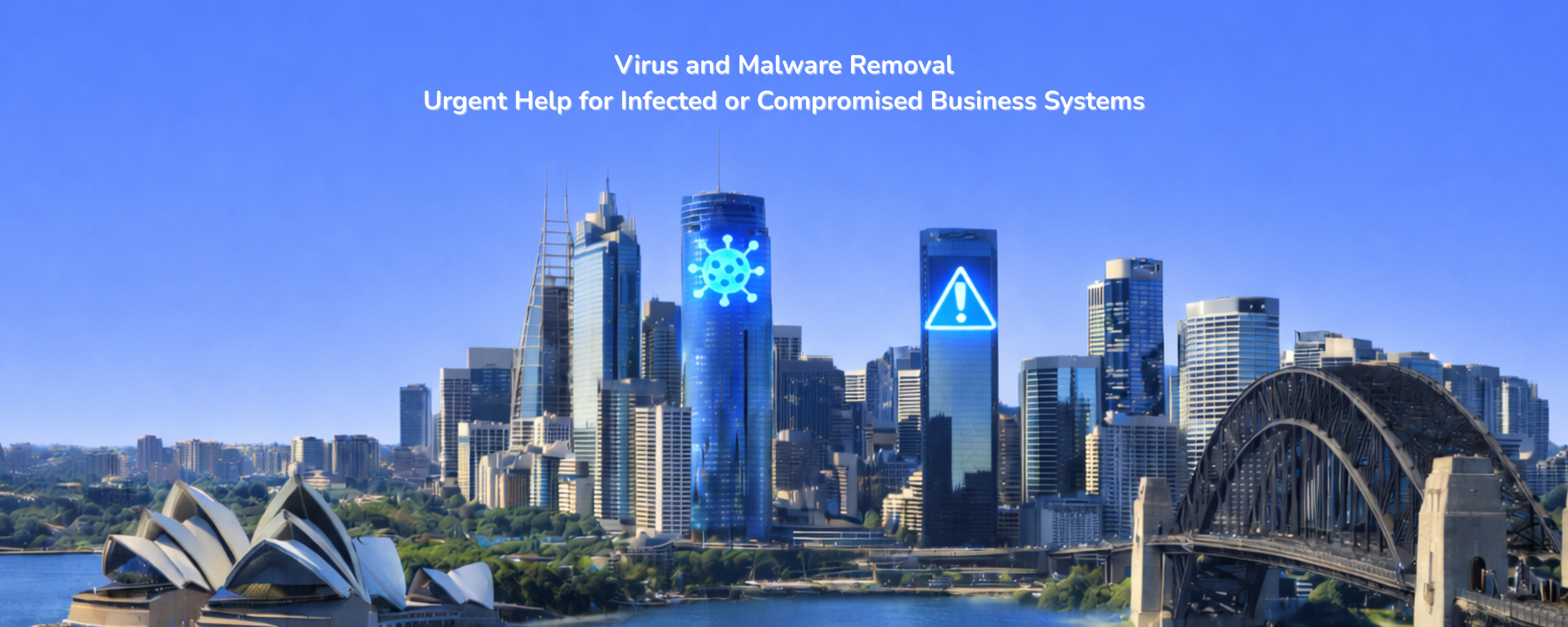 Virus and malware removal for small businesses in Australia, illustrating infected and compromised systems across a city environment