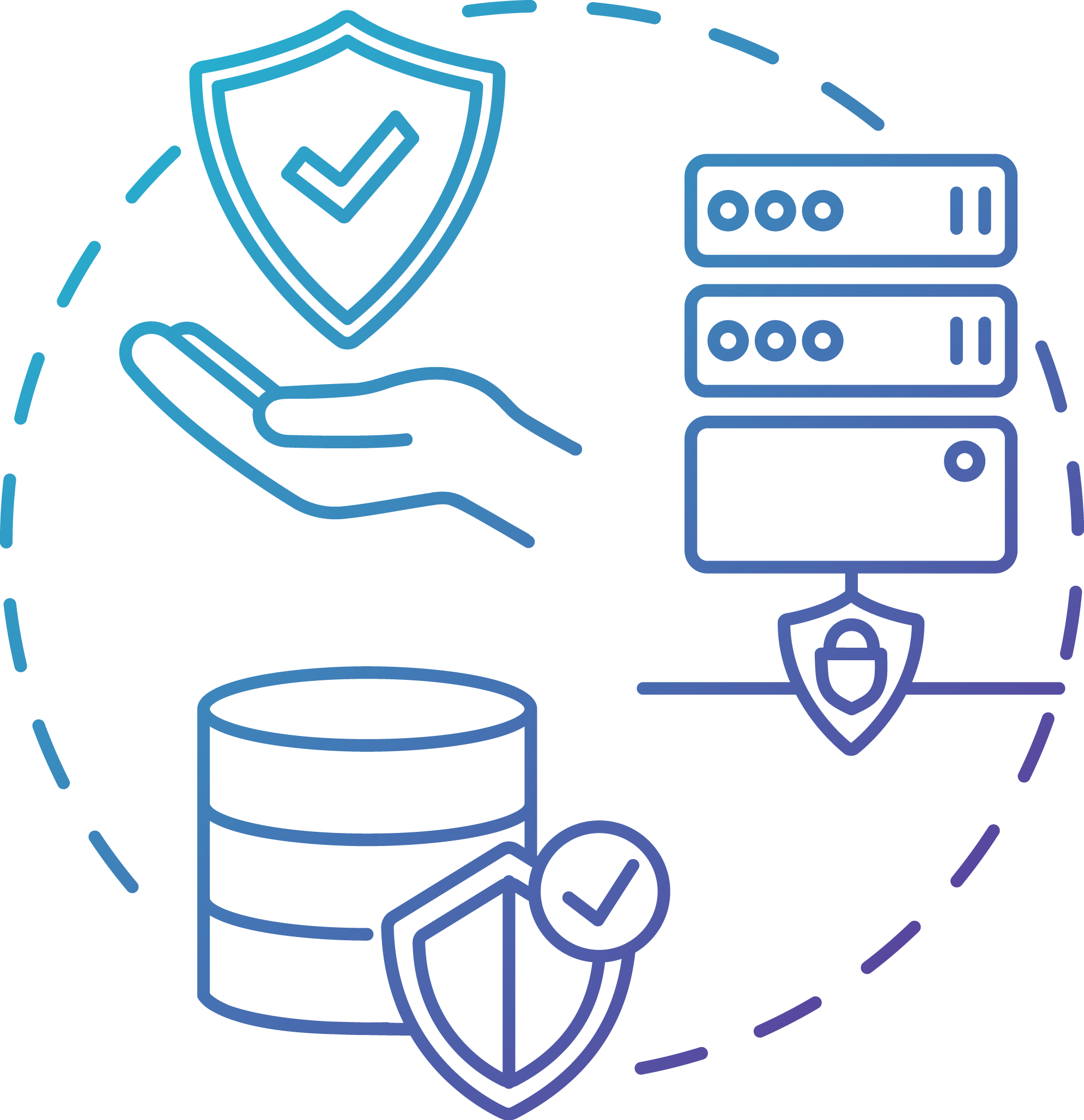 Illustration representing a small business IT security review, showing protected systems, secure data, and proactive cybersecurity assessment