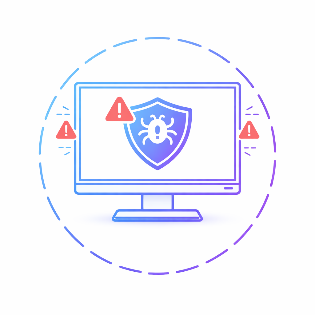 Illustration showing a business computer with virus and malware warnings, representing active infection and the need for professional removal