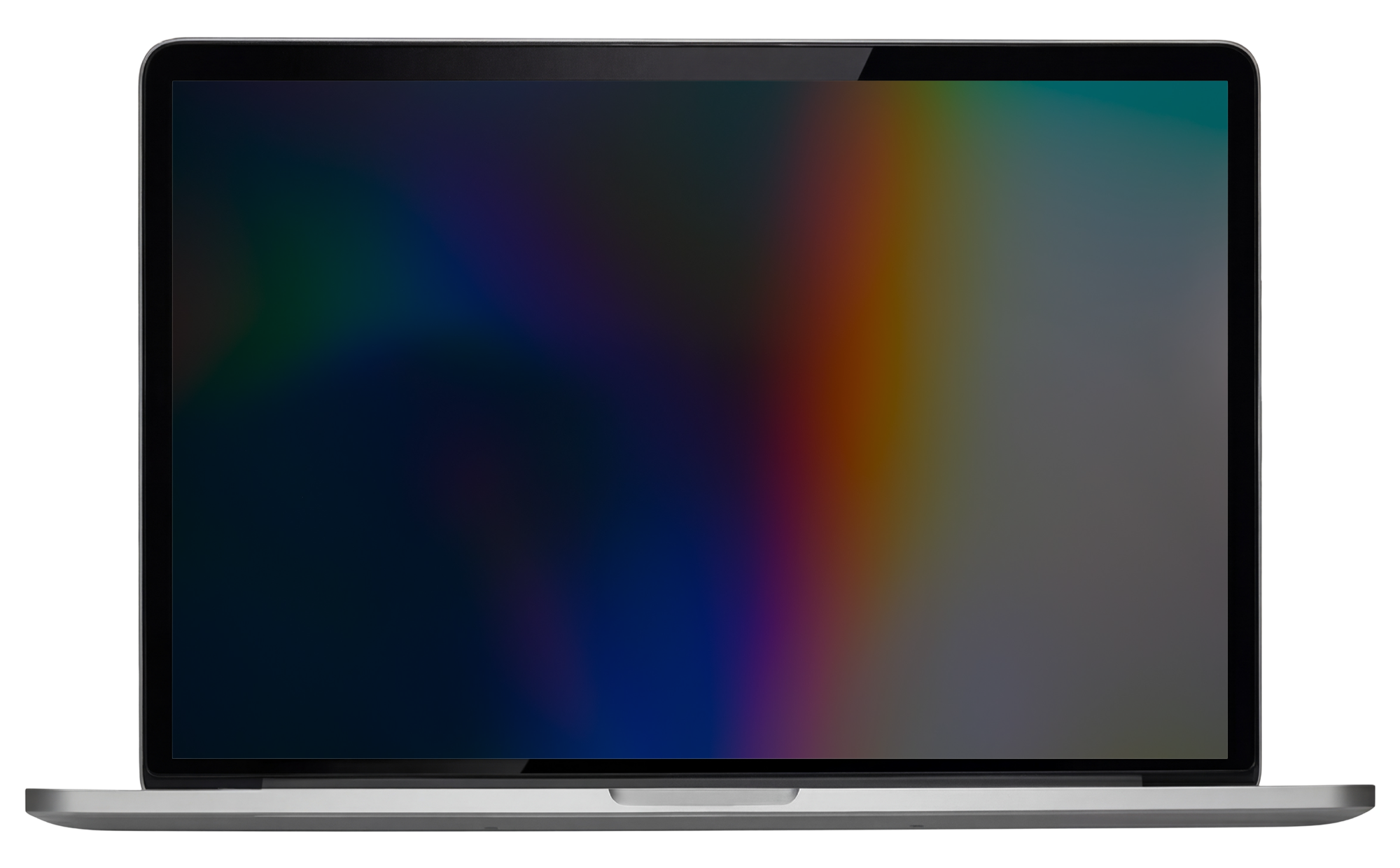 A silver laptop with a black screen bezel displaying a colorful, blurry screen.