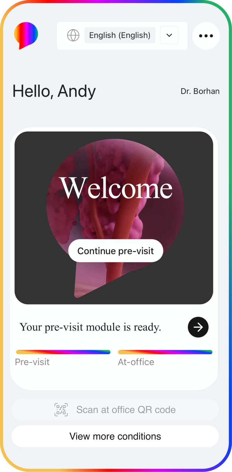 A digital health portal screen welcoming Dr. Borhan's patient, Andy, with a 'Continue pre-visit' button and pre-visit readiness indicator.