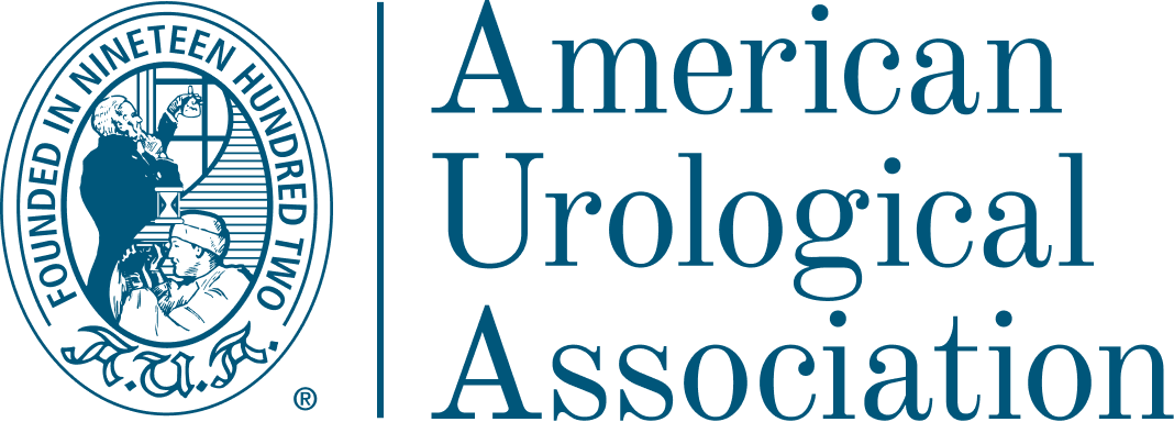 Logo of the American Urological Association, featuring a blue illustration of a woman, a man, and a snake wrapped around a staff, with the text 'American Urological Association' and 'Founded in nineteen hundred two'.