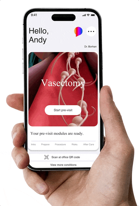 A hand holding a smartphone displaying a medical app for vasectomy pre-visit instructions and modules.
