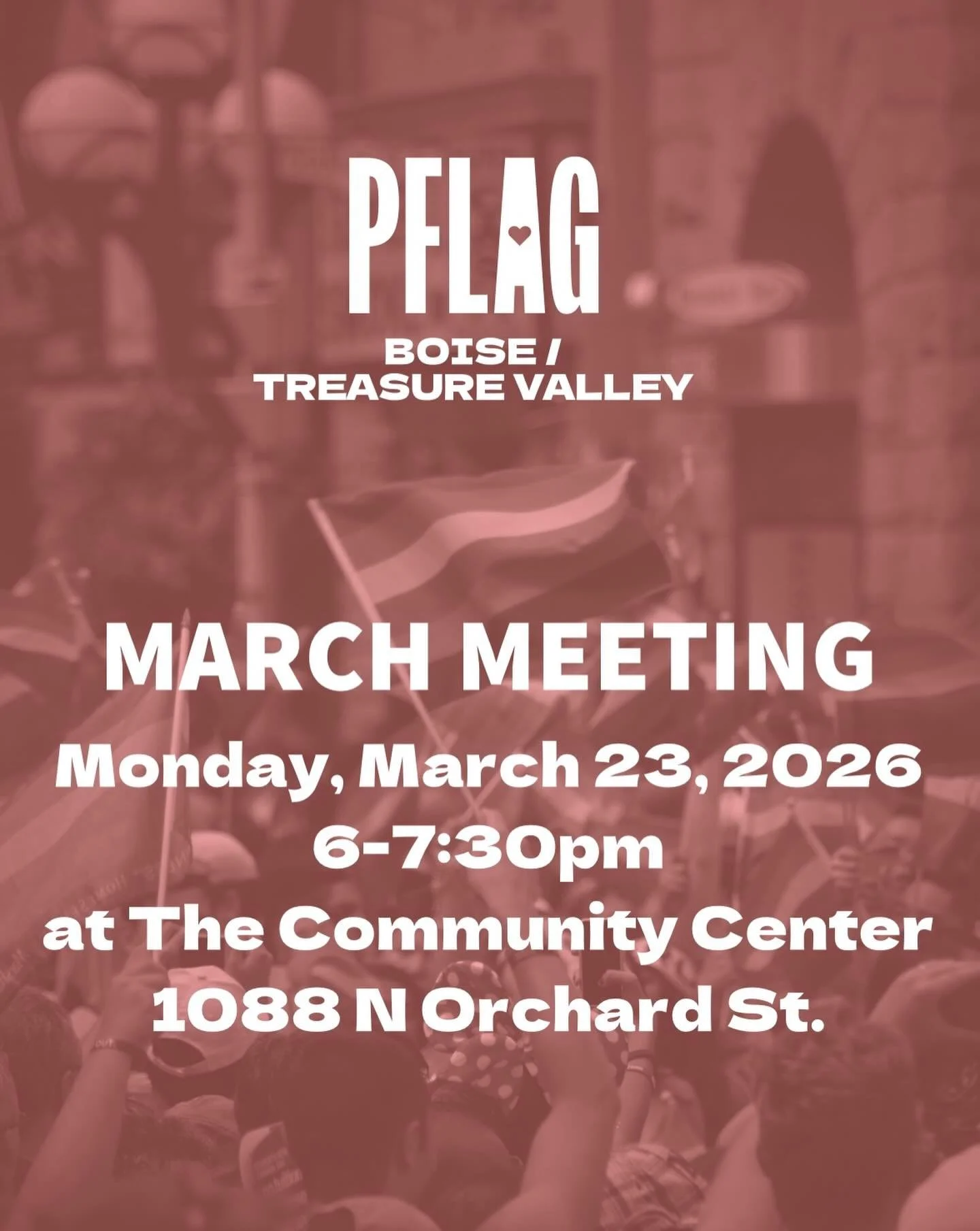 This month's meeting is on Monday, March 23rd. 6-7:30pm at The Community Center.

We can't wait to see you.

#pflagboisetv #pflag #lgbt