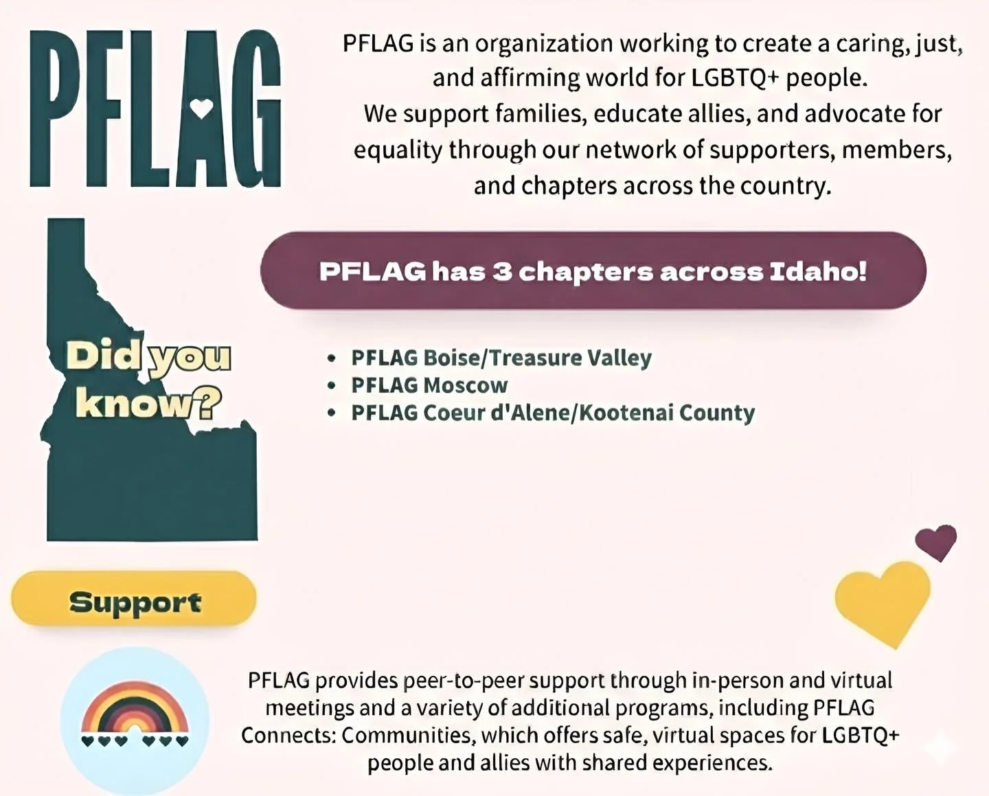 The more you know 🌈!

PFLAG has three active chapters across Idaho, advocating and providing support to LGBTQ+ individuals and their loved ones.