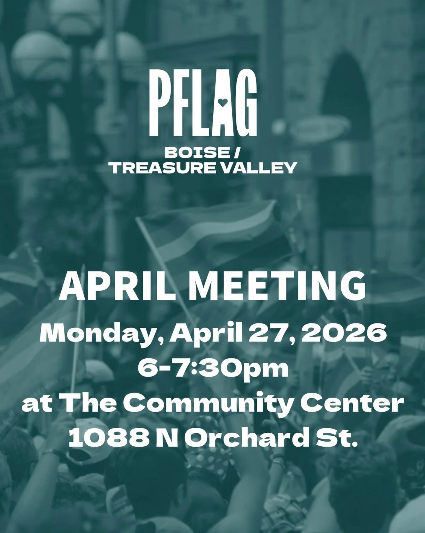 This month's meeting is on Monday, April 27th. 6-7:30pm at The Community Center.

We can't wait to see you.

#pflagboisetv #pflag #lgbt