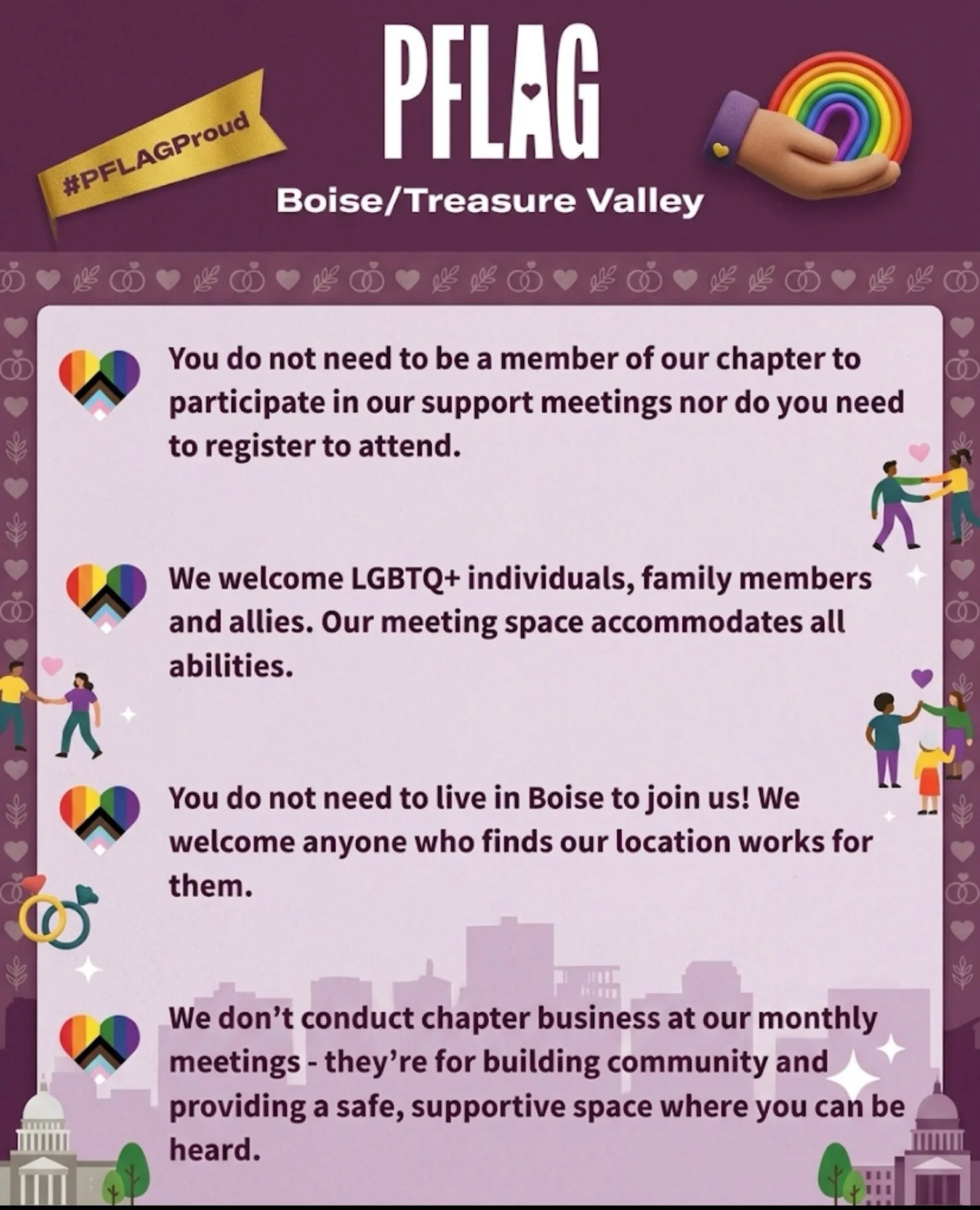 A quick FAQ about our monthly support group meetings. If you are interested in joining, see the pinned post on our page providing the details for our support group meeting on August.

#lgbtq #boise #gayrights