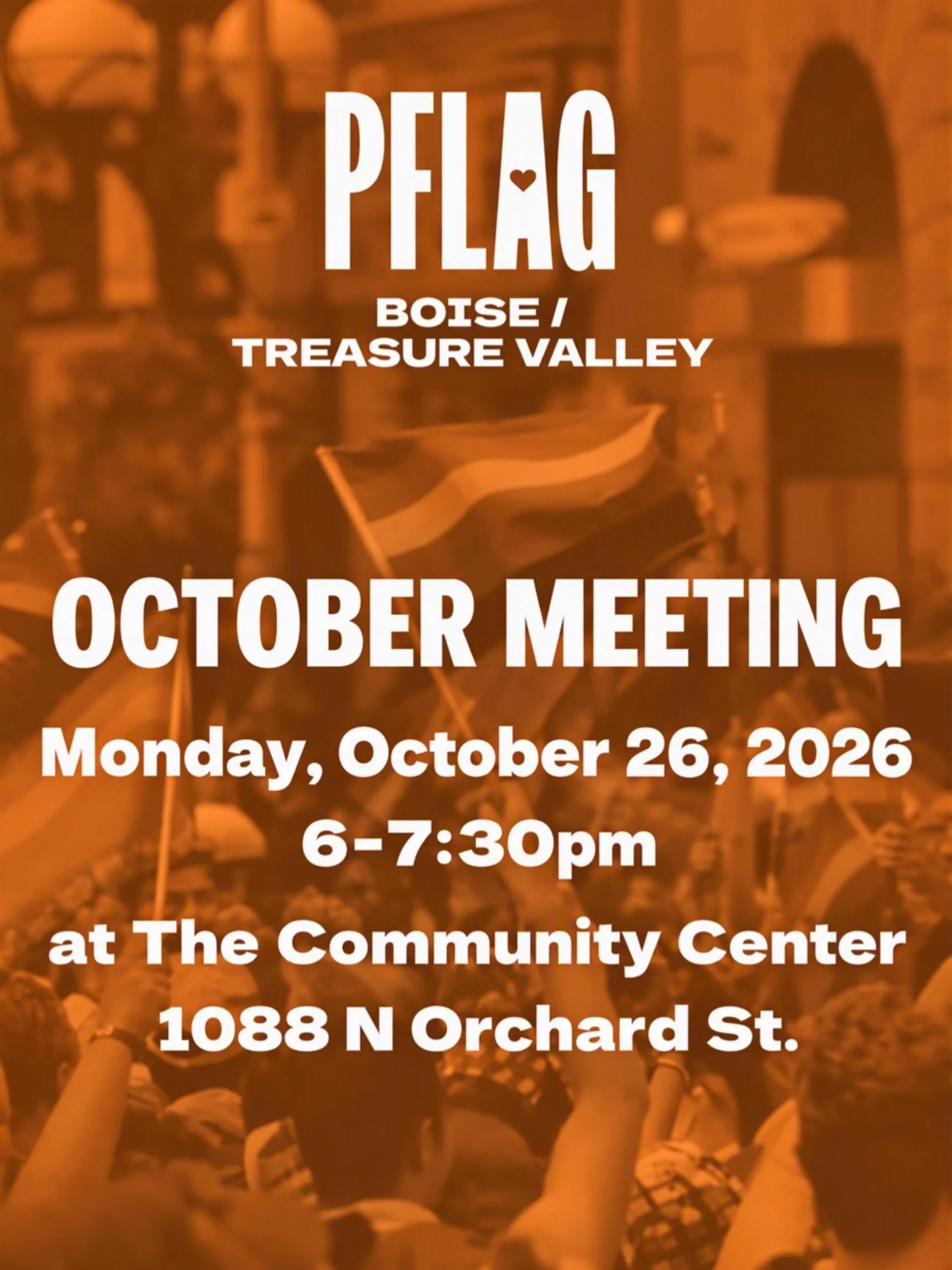 October&rsquo;s monthly support group meeting will be held on October 26th from 6 to 7:30 PM.

We can&rsquo;t wait to see you. #pflag #lgbtq