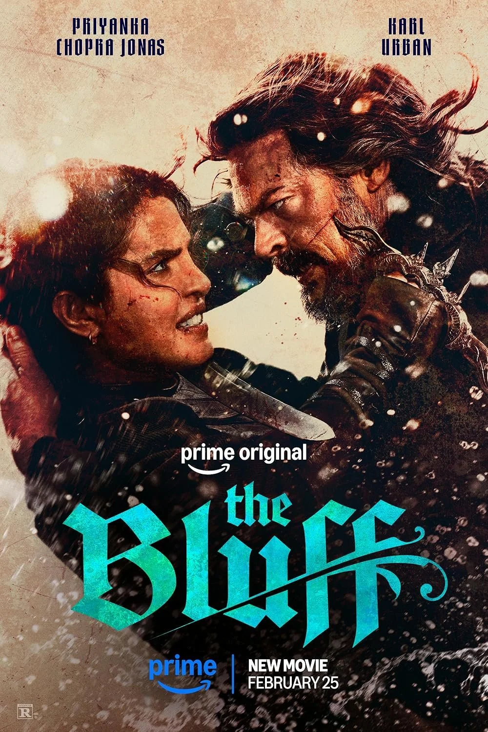 Film poster for the move, "The Bluff" featuring a middle aged man and woman, close to each-other. The man is holding a sword to the woman's throat, and the woman has a knife to his cheek. Both are dressed as pirates.