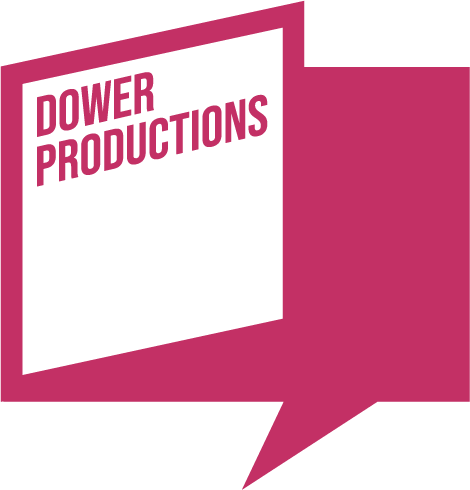 Logo with the text 'Power Productions' in pink and black, inside a speech bubble shape.