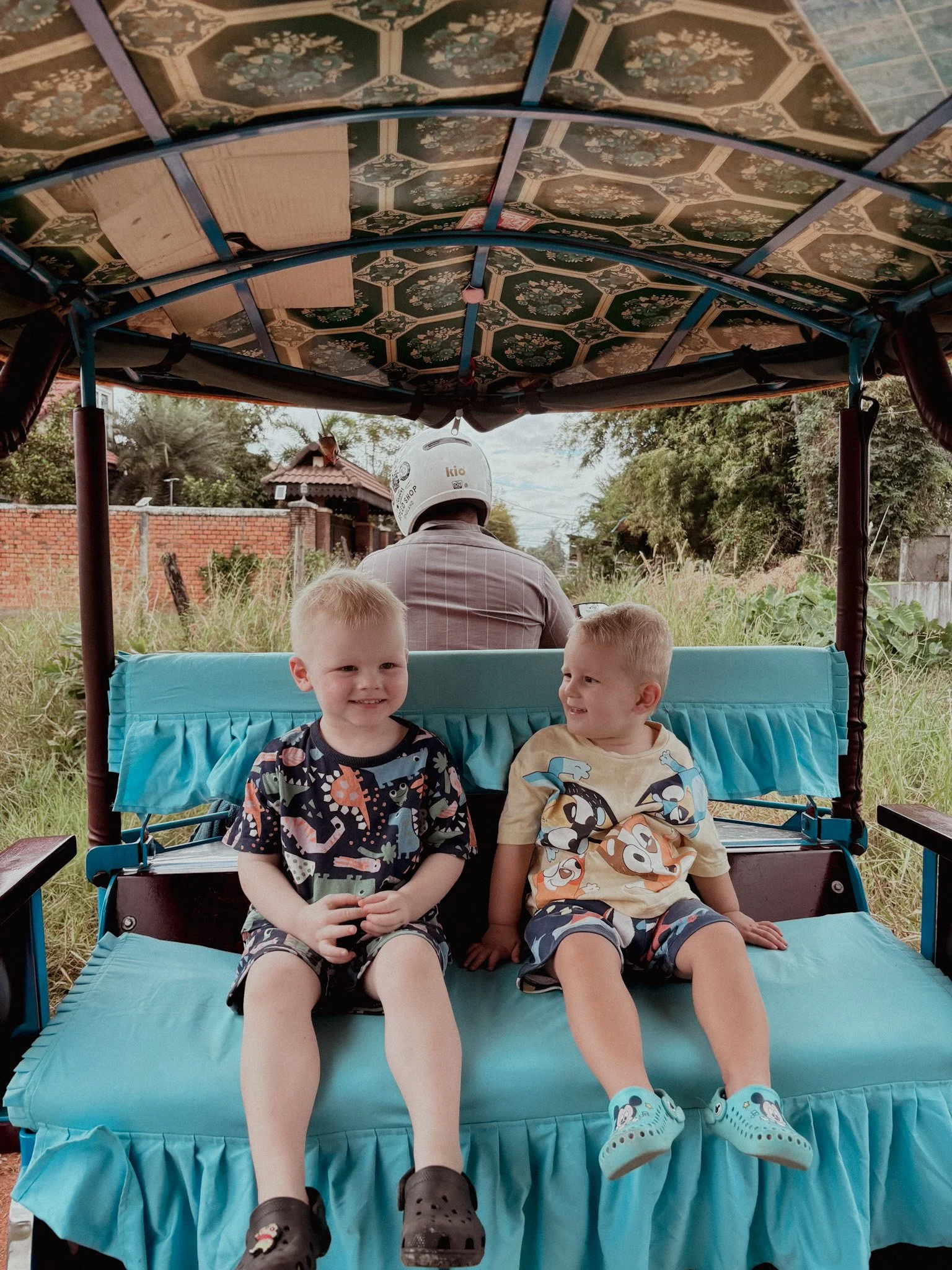 Two young boys sit on the back of a cart or vehicle with a roof, smiling and looking at each other. An adult wearing a helmet is driving behind them, with greenery and a brick wall in the background.
