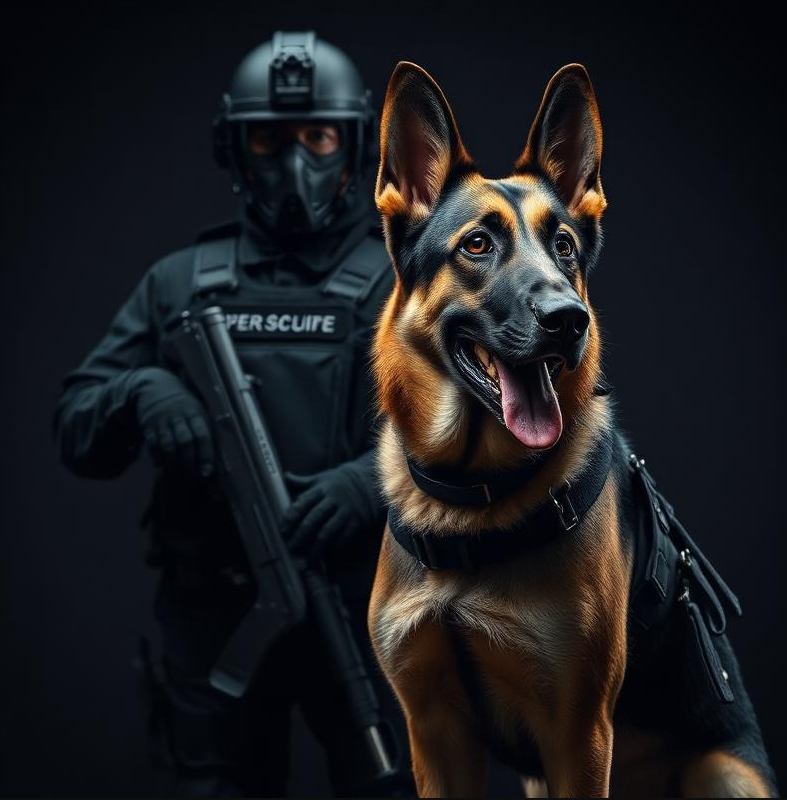 A police officer in tactical gear with a German Shepherd dog.