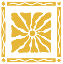 Square with gold border surrounding Sun rays