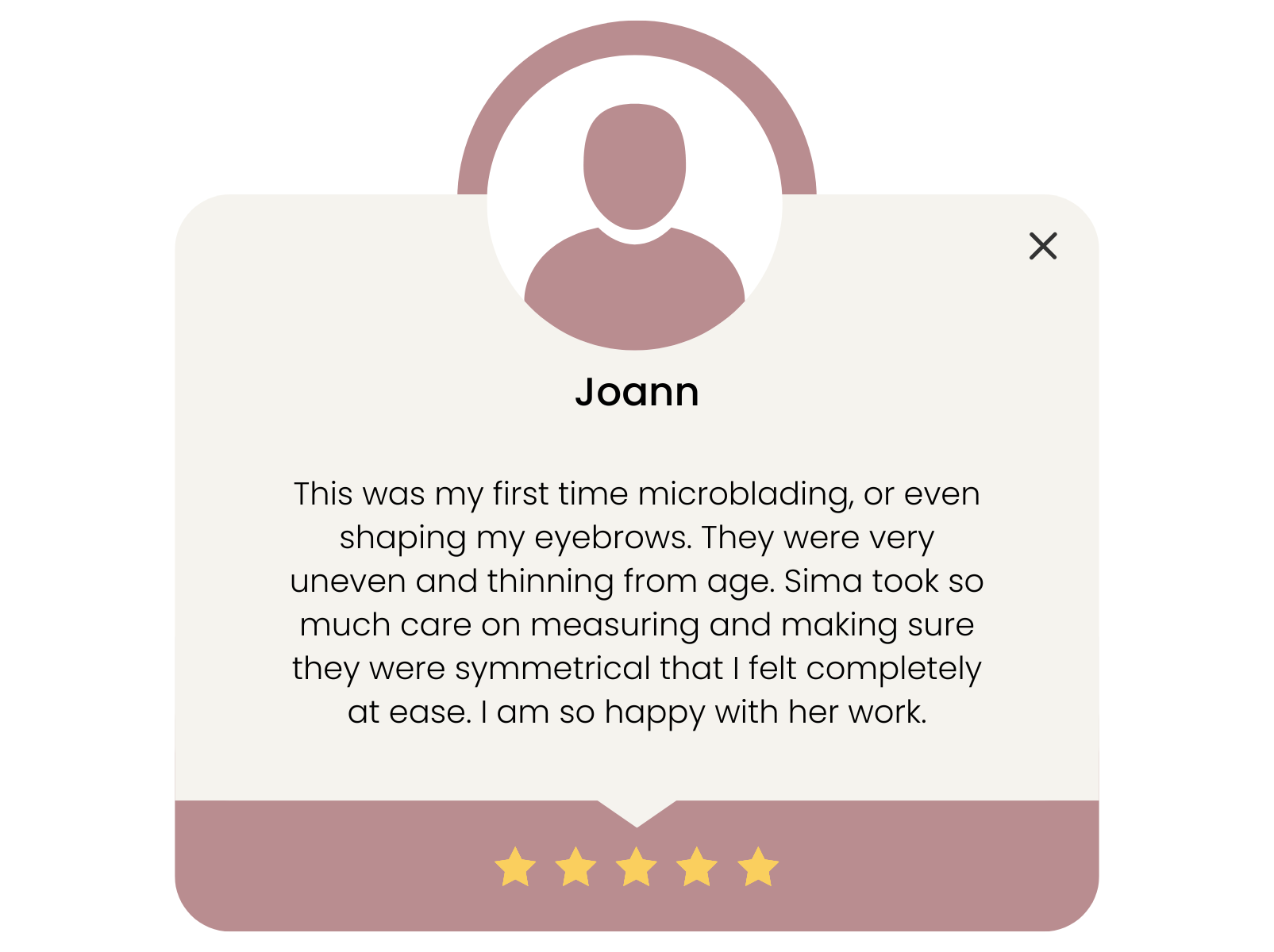 Testimonial card featuring a gray icon of a person, the name Joann in bold, and a paragraph describing her experience with microblading, ending with a row of five yellow stars indicating high satisfaction.