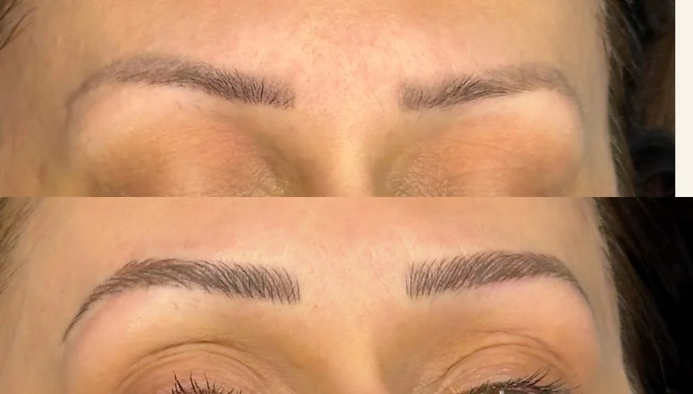 Microblading before and after at Miss PMU in Carmel Valley, San Diego. Sparse brows that faded out at the tails, then full brows built from fine individual hair strokes, photographed the same day.